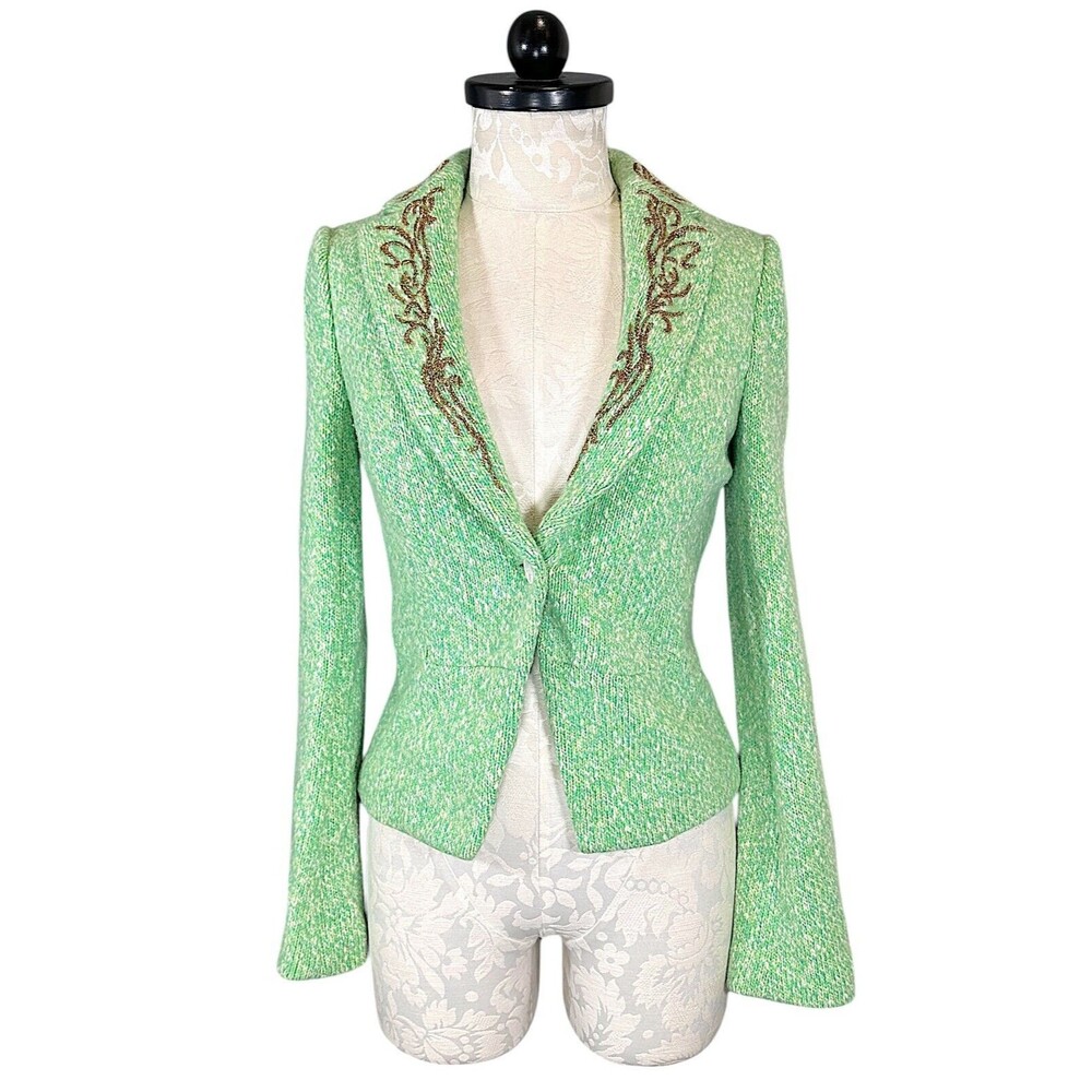 Iisli New York Marbled Wool Embroidered Knit Blazer Lime Green Size 6